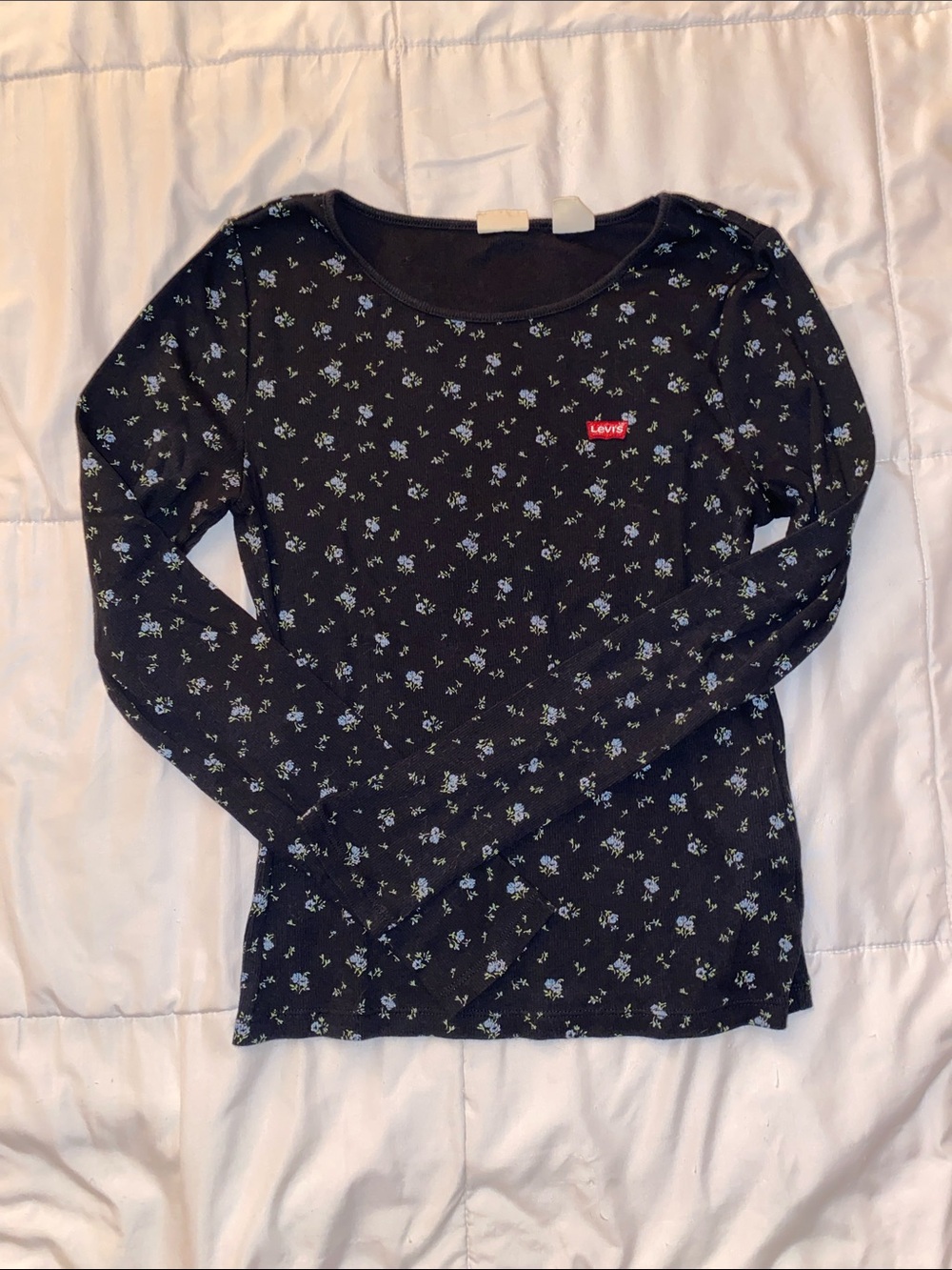 Levi's Black Long-Sleeve Tee with Small Blue Floral Print